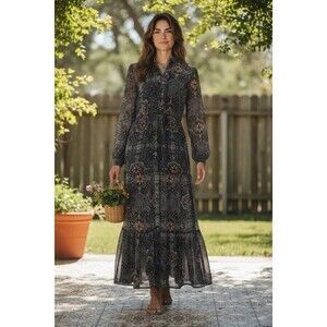 Xhilaration Dark Boho Sheer Maxi Dress Size SM Tiered Floral Whimsigoth Romantic